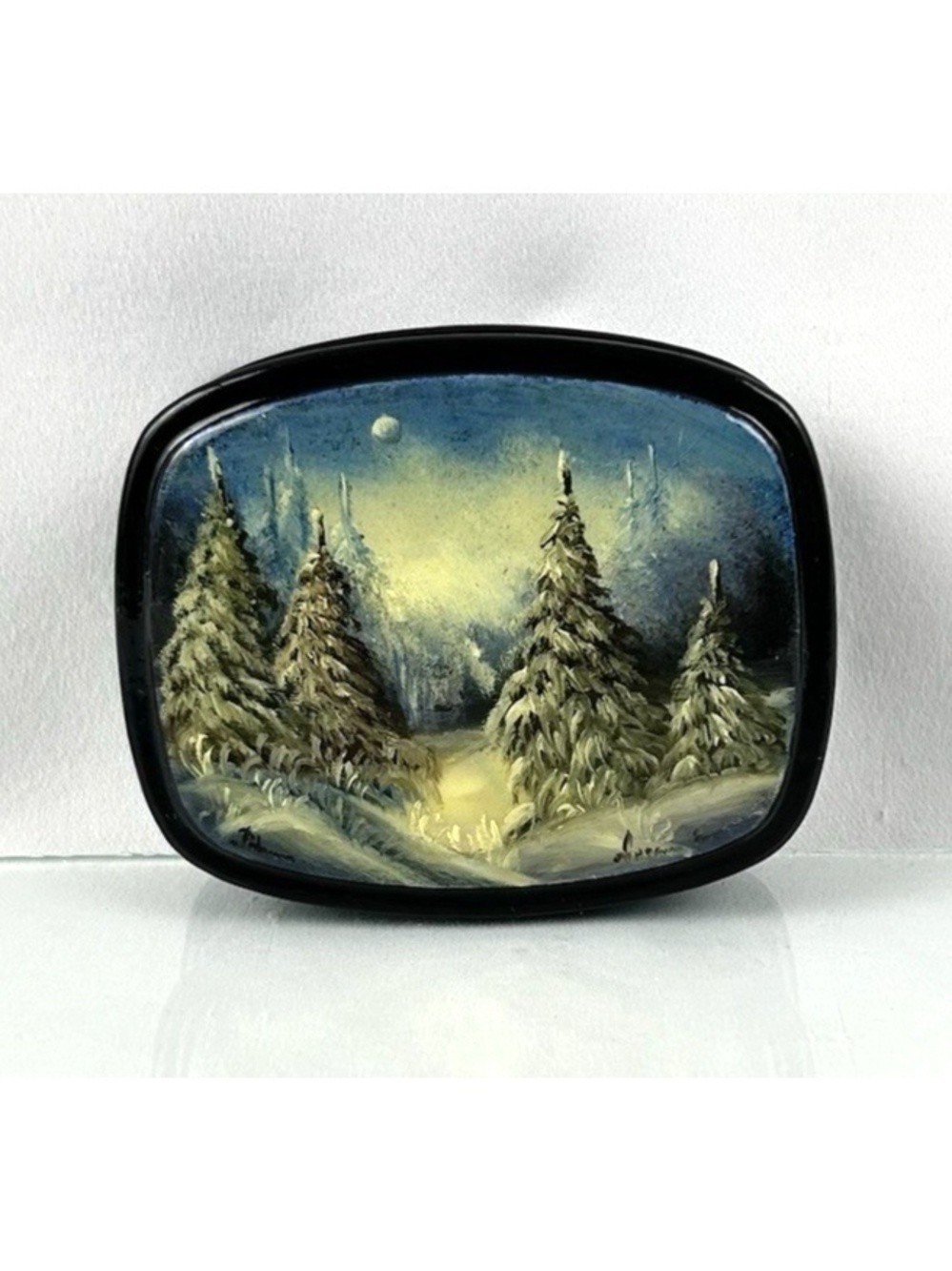 Vintage Russian (?) Lacquer Miniature Box Forest Unknown Artist Mother of Pearl